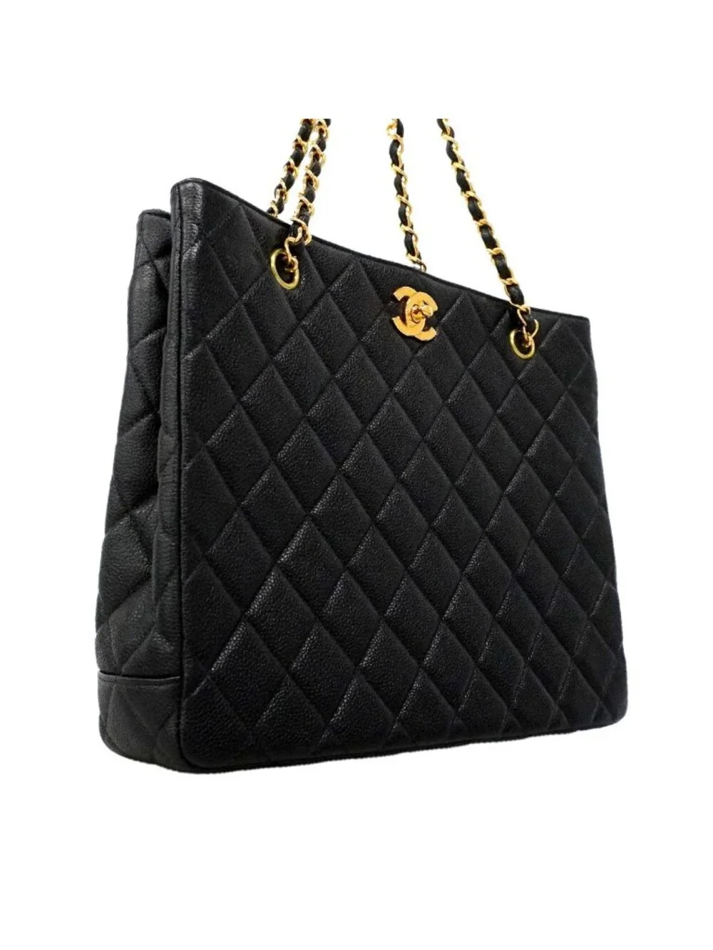 Chanel Chain Tote Bag Quilted Caviar Leather Black Gold